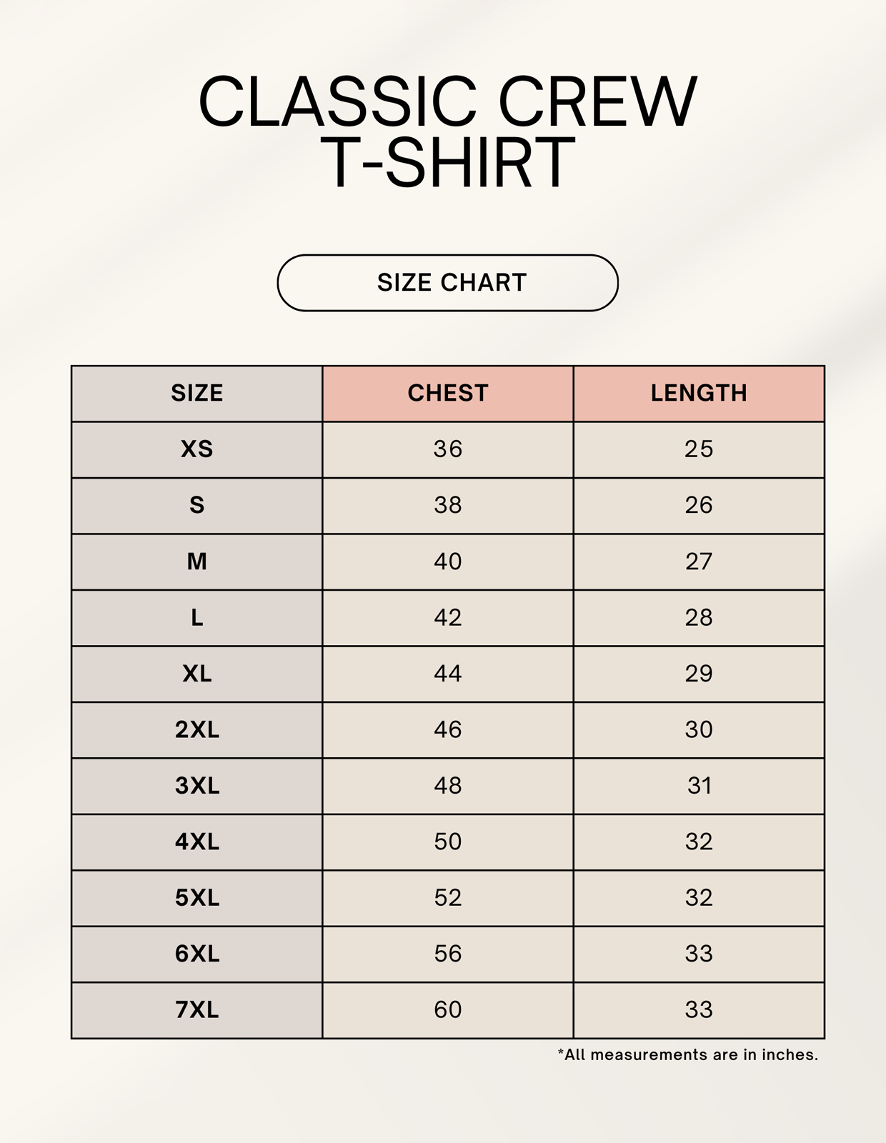 Unisex crew neck t-shirt size chart - chest and length measurements for XS S M L XL
